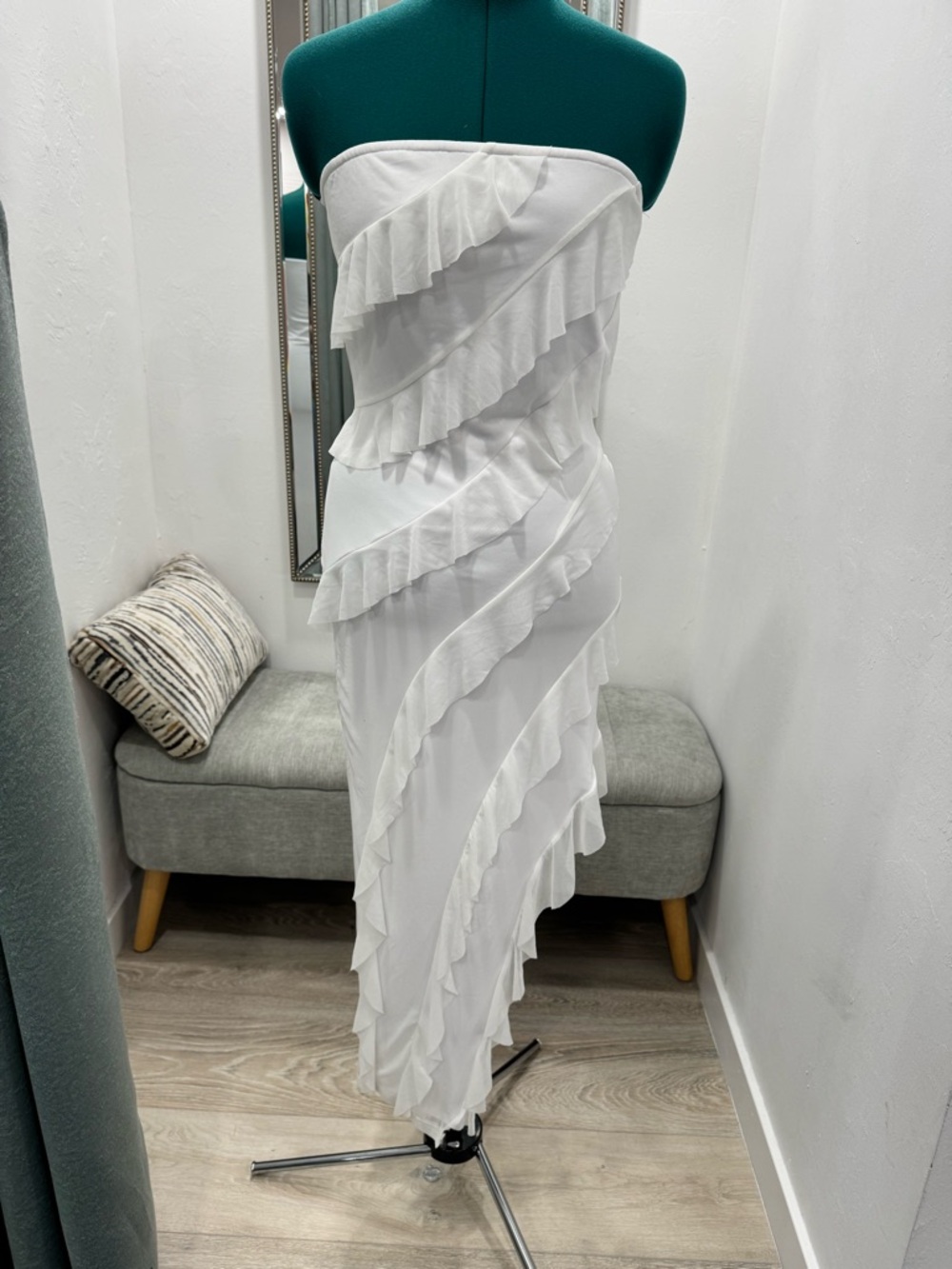 Strapless White Ruffle Midi Dress by